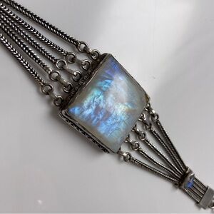Vintage Sterling Silver Bracelet with Iridescent Rainbow Moonstone